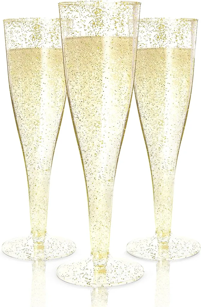 30 Einweg-Champagnergläser aus Kunststoff Goldglitzernde Sektgläser aus Kunststoff für Partys |